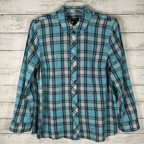 Talbots Tops - Talbots Teal Blue Shimmer Plaid Classic Cotton Button Front Shirt LP